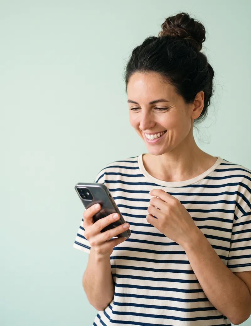 A woman smiling at good news on her phone
