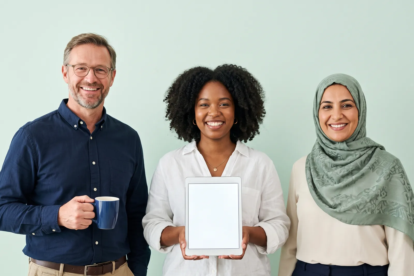 Three smiling people. The woman in the middle holds a tablet.